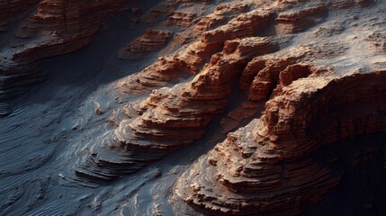 Close-up of layered sedimentary rock formations on Mars, directional sunlight enhancing depth