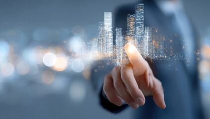 Businessman's finger touches a holographic city model