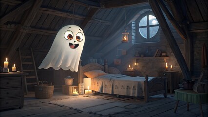 A cute and friendly cartoon ghost character happily floats inside a charming old attic bedroom at night, illuminated by candles.
