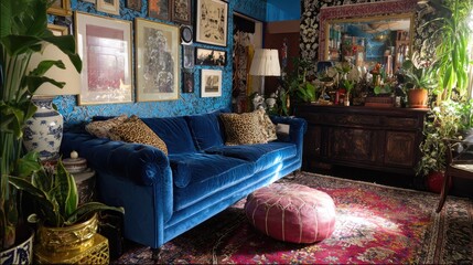 Vibrant, eclectic living room with blue velvet couch, patterned wallpaper, and plants