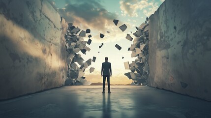 Person stands before a wall breaking apart, symbolizing a breakthrough or personal triumph