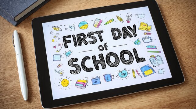 A digital tablet displays first day of school with colorful doodles on a desk