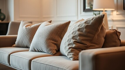 Elegant sofa with textured throw pillows in a stylish living room setting.