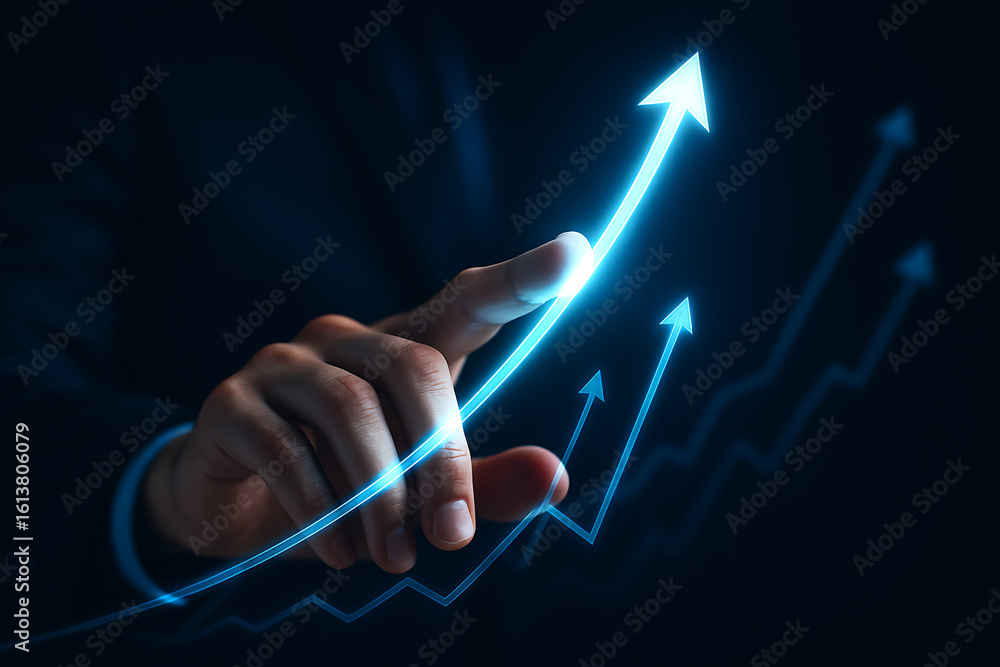 Aufkleber finger touching upward arrow in glowing chart representing financial business progress increase perf