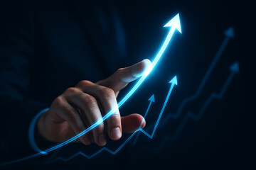 Finger touching upward arrow in glowing chart representing financial business progress increase performance success analytics and futuristic growth strategy for digital investment visualization