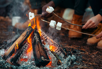 Camping and picnic concept. Close up of people frying marshmallow on fire in forest