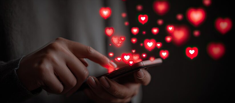 Close-up of person using smartphone with many red heart icons appearing - Powered by Adobe