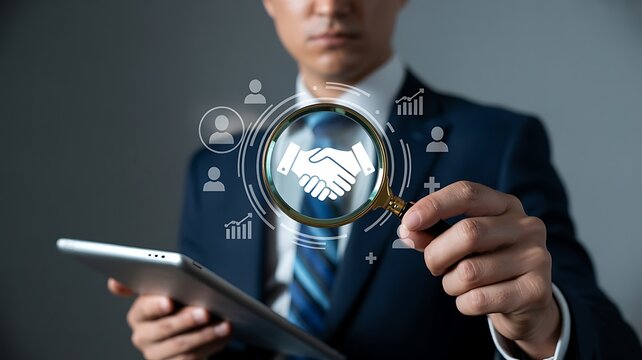 Man examines handshake icon with magnifying glass and tablet