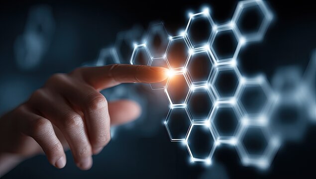Finger interacting with a digital molecular structure - Powered by Adobe