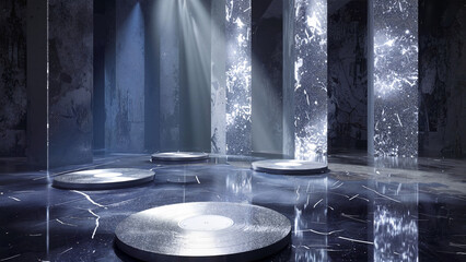 Akashic Records, wisdom-seeking concept, Akashic Records concept with futuristic decor, luminous columns, and dark atmosphere