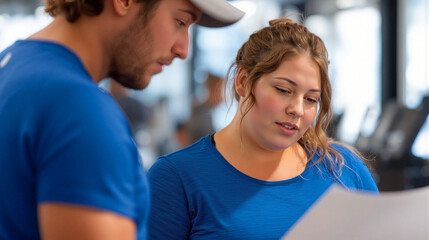 Overweight woman discussing fitness plan with personal trainer in gym