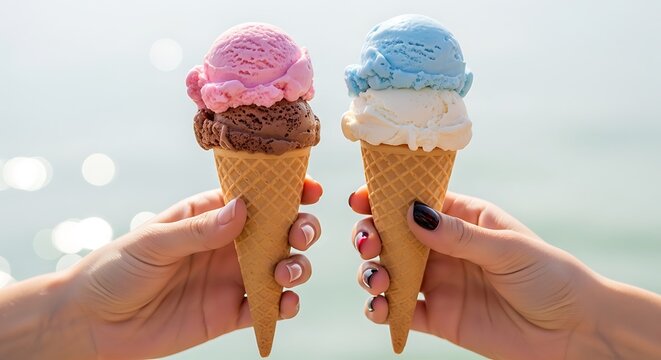 Two hands holding double scoop ice cream cones with a blurred background view - Powered by Adobe