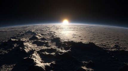 Cratered moon with sunlight creeping over horizon, shadows stretching over jagged surface