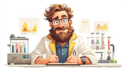 Cartoon Scientist with Laboratory Equipment and Charts Working at Desk in a Modern Laboratory