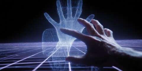 A digital hand reaching out, hovering over a gridded surface
