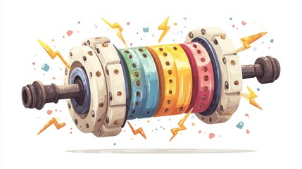 Colorful mechanical motor with rainbow rings, lightning bolts, and dynamic energetic design on white background