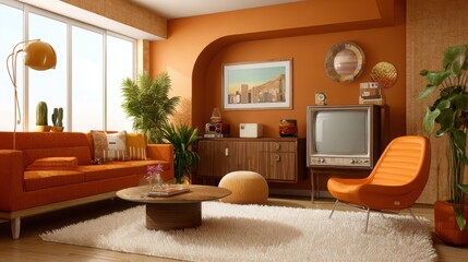 retro 1970s living room interior, bold orange and brown palette, shaggy rug, vintage TV, funky furniture, nostalgic mood 