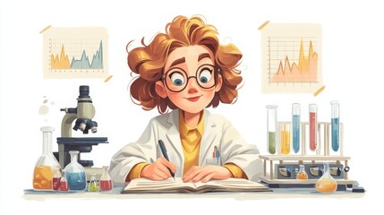 Cute Female Scientist in Lab with Test Tubes, Microscope, Laboratory Equipment, and Graphs, Conducting Scientific Research and Experiments