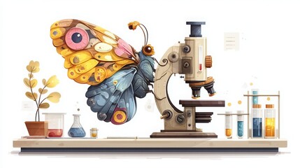 Futuristic Butterfly Laboratory Illustration with Microscope and Scientific Equipment for Scientific Research and Innovation