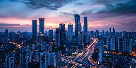 Fototapeta premium Illuminated skyscrapers over bustling streets at dusk 