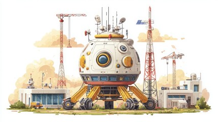 Futuristic Lunar Base with Robot-Like Habitat and Construction Drones on a Science Fiction Landscape