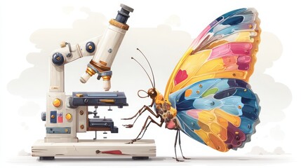 Colorful butterfly with vibrant wings emerging from a scientific microscope for innovative research and nature technology concept