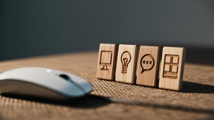 Wooden blocks with computer lightbulb chat and window icons near mouse