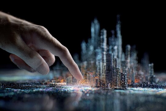 Hand touching a digital city model