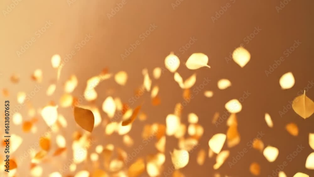 Poster abstract background of falling golden autumn leaves with soft bokeh lighting and warm tones in a nat