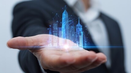 Person holding holographic digital city skyline technology
