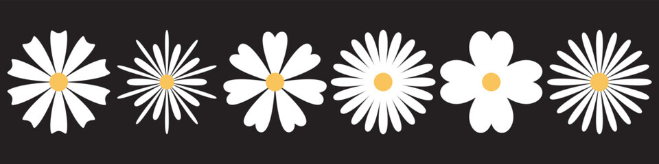 Set of White Daisy Flowers on Black Background. Simple Flat Chamomile Blossoms with Yellow Centers, Vector Floral Icons for Spring, Summer, Craft, Scrapbooking, or Pattern Design