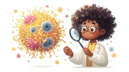 Young scientist with curly hair and glasses examining microscopic virus structure with magnifying glass, scientific research, laboratory environment