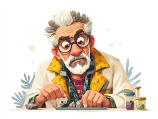 Cartoon of an elderly scientist with wild hair and glasses working with rocks and minerals in a laboratory setting