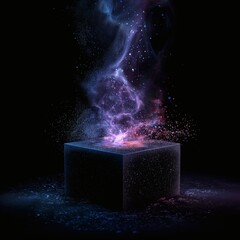Mystical Cube with Nebula Emanating from It on a Dark Background