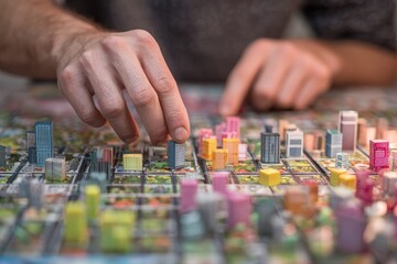 Hands arranging miniature cityscapes on a board game