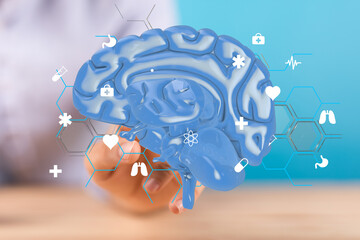 3D brain model with medical icons.  Perfect for healthcare, neurology, and science concepts.