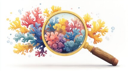 Colorful coral reefs viewed through a magnifying glass emphasizing underwater biodiversity and marine life in vibrant aquatic environment