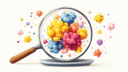Colorful Molecular Model in a Glass Petri Dish With Dispersed Elements on a White Background