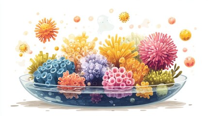Colorful 3D Illustration of Various Vibrant Coral Reefs and Marine Life in a Crystal Clear Aquarium Setting