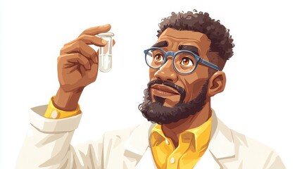 Illustration of a scientist examining a test tube with a curious expression, wearing glasses and a white lab coat, against a plain white background