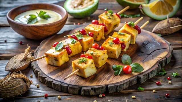 Photo of savory skewers of goldenbrown tofu and vibrant cherry tomatoes, presented with a creamy dipping sauce and citrus fruits on a weathered wooden surface