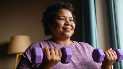 Smiling plus-size woman doing indoor dumbbell workout for fitness