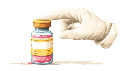 Digital illustration of a hand wearing a latex glove holding a pharmaceutical vial with a pink liquid inside, isolated on a white background