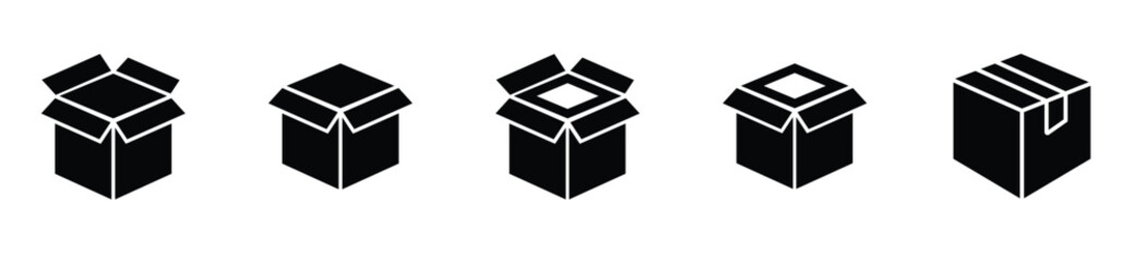 Vector design of open box icon in black color. Represents unpacking, shipping, packaging, and logistics themes.