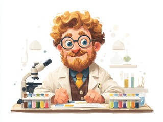 Cartoon Scientist with Glasses in Laboratory Surrounded by Test Tubes and Microscopes