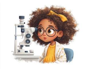 Cute animated girl with curly hair and glasses examining a microscope in a science laboratory setting