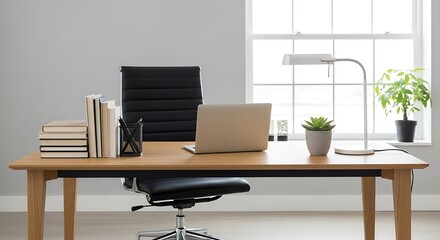 Modern home office setup featuring a laptop, books, and plants in a bright space