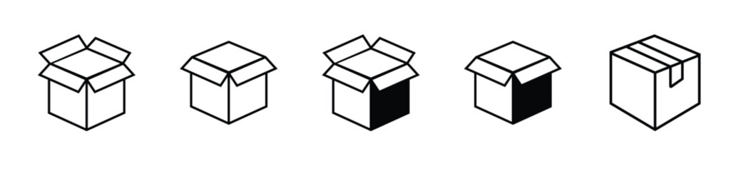 Open box vector icon set in black style, simple and minimal design.