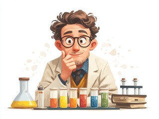 Cartoon Scientist with Test Tubes and Laboratory Equipment in a Laboratory Setting