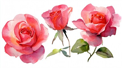 Elegant Watercolor Pink Roses Isolated on White Background
